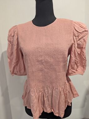 Express Blush Pink Smocked Peplum Top with Puff Sleeves NWT Size M